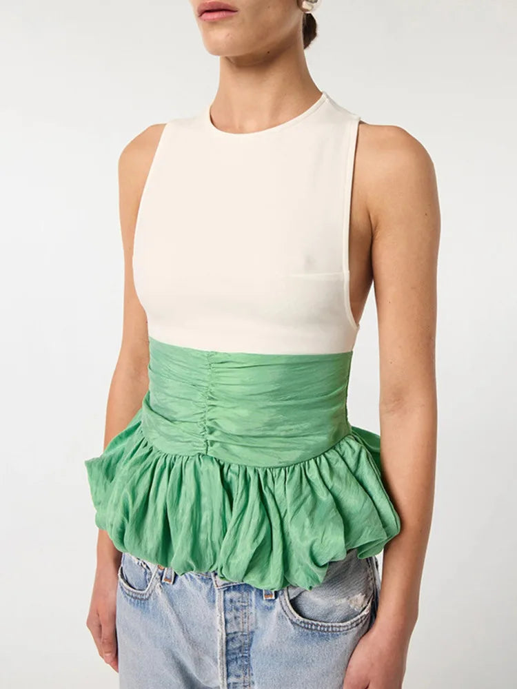 Sleeveless Ruffle Top Pullover Vest Patchwork