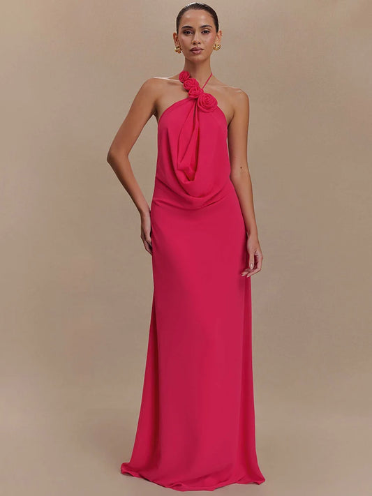 Rose Halter Off-shoulder Maxi Dress Red