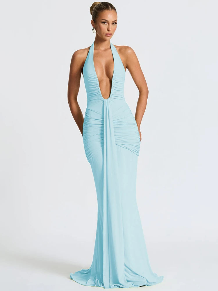 Deep V Neck Backless Ruched Maxi