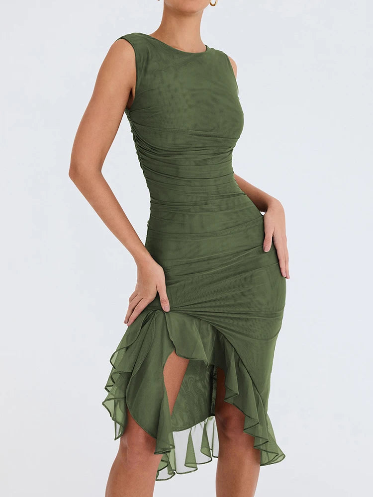 Ruffle Ruched Midi Dress For Robe
