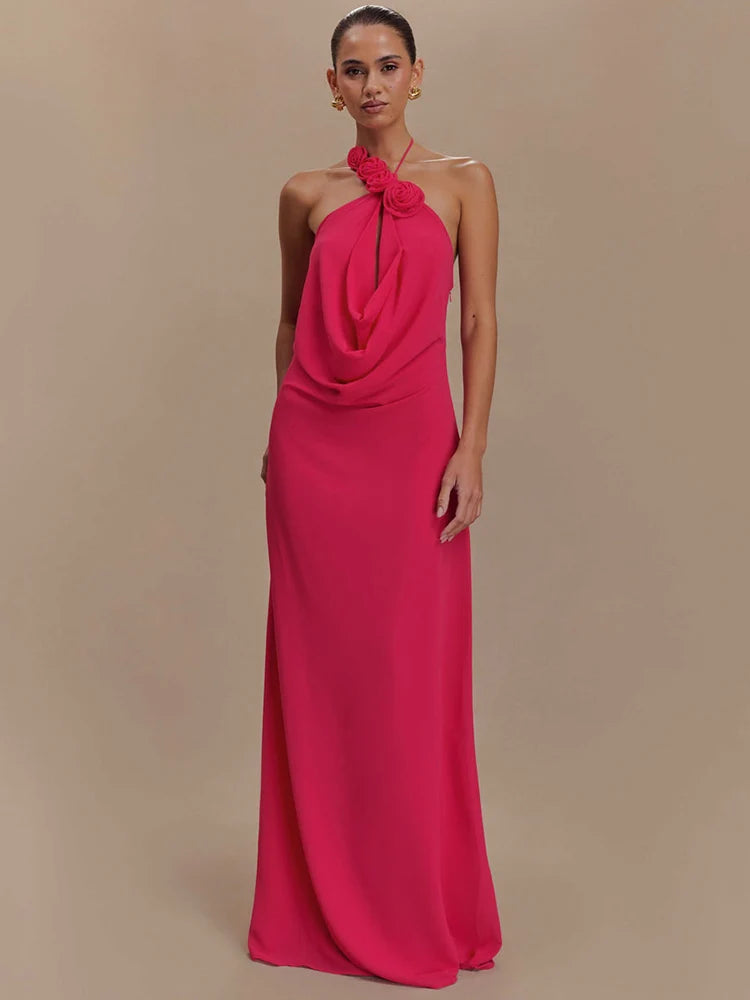 Rose Halter Off-shoulder Maxi Dress Red