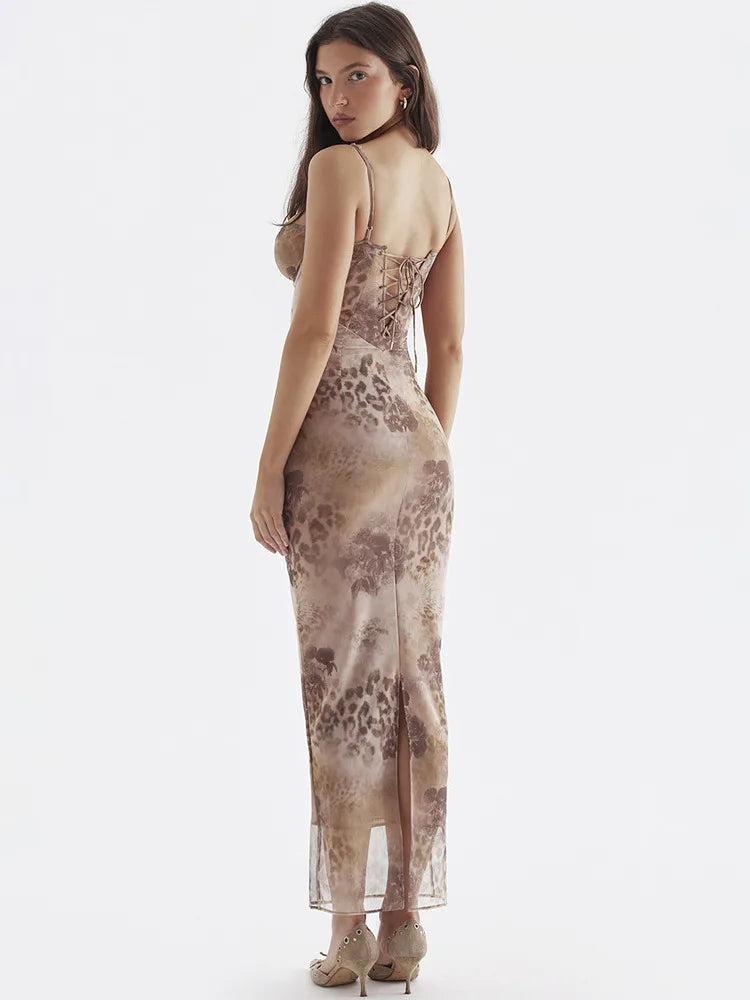 Mesh Floral Print Maxi Dress Spaghetti