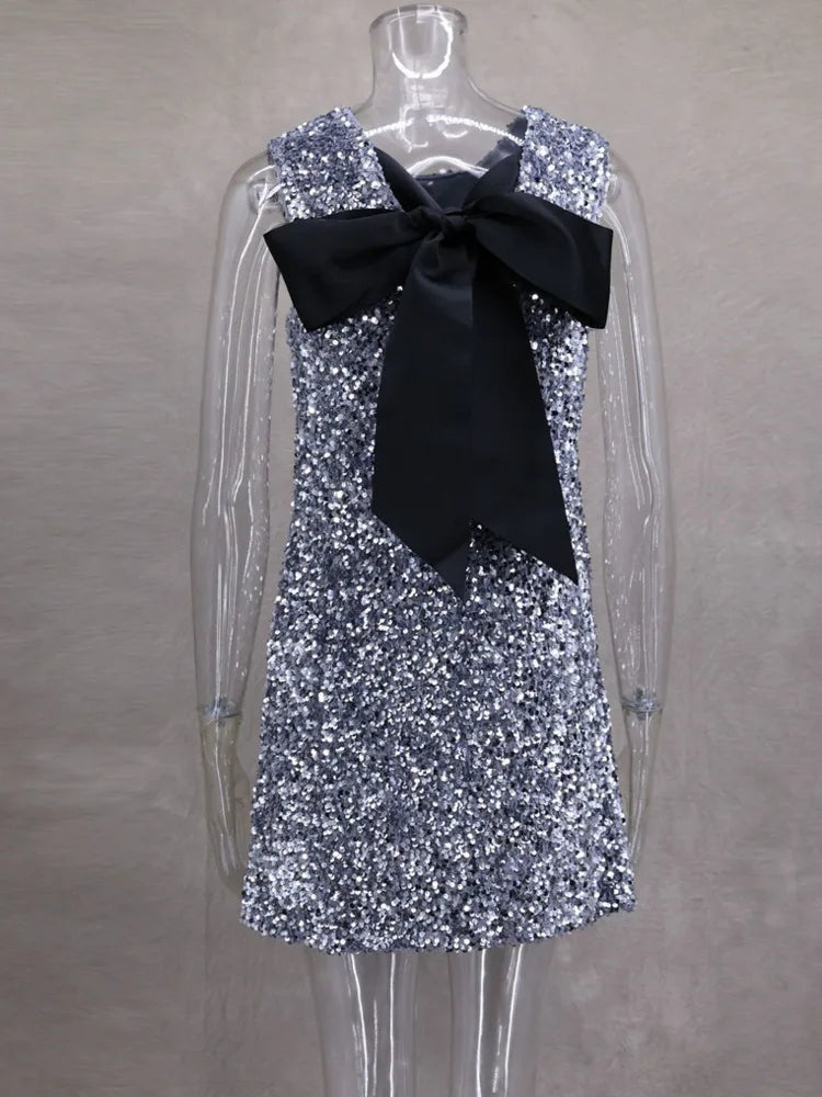Sequins Backless Bow Mini Dress For