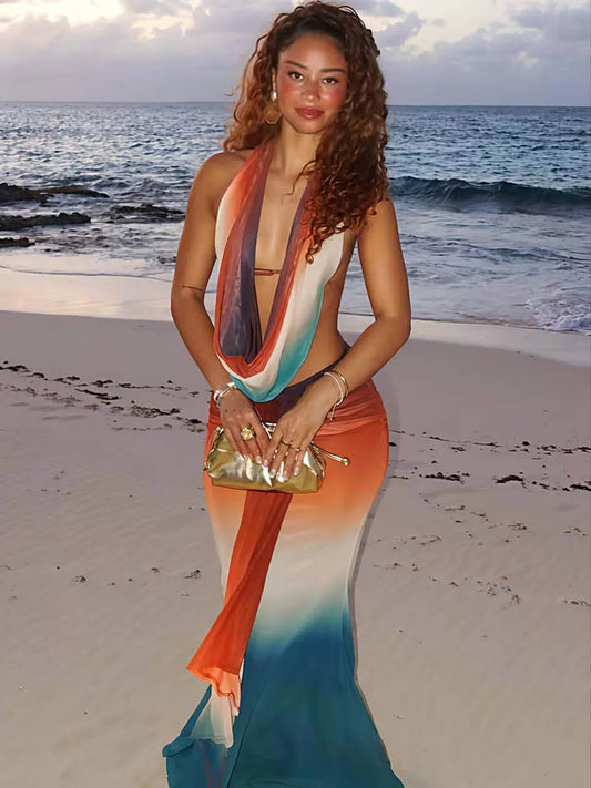 Print Mesh Halter Skirt 2 Pieces