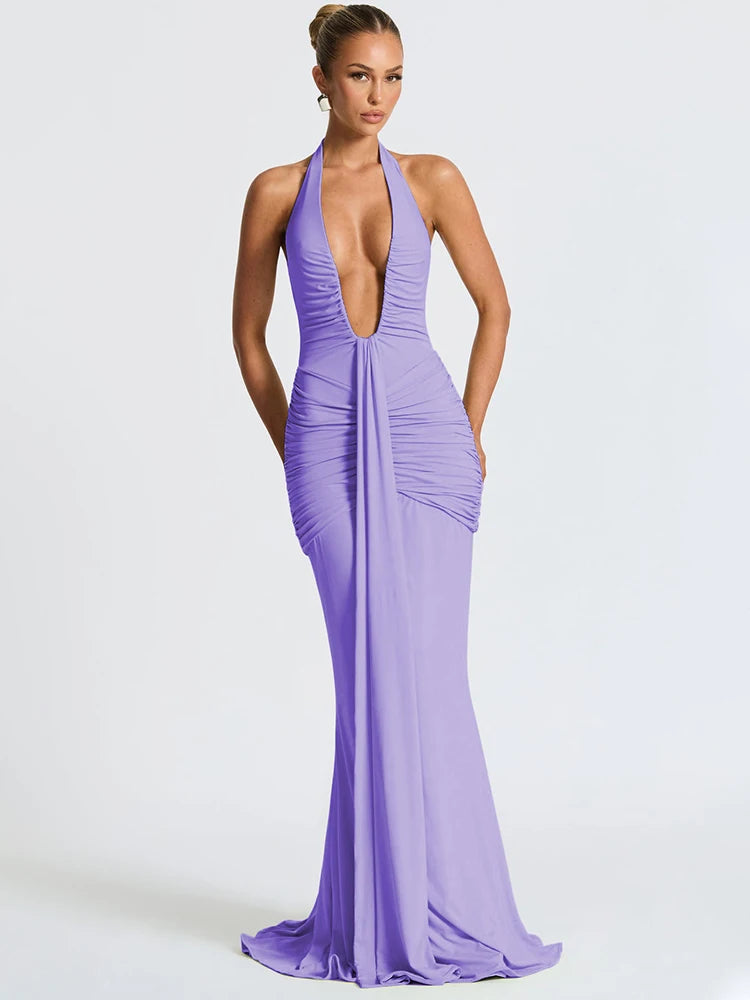 Deep V Neck Backless Ruched Maxi