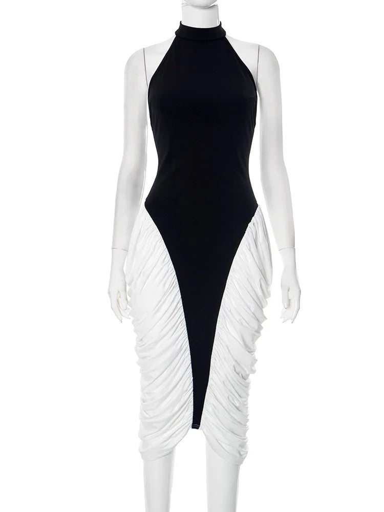 Patchwork Halter Backless Midi Dress Gown